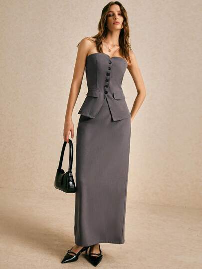 Poéselle 灰色西装套装、紧身胸衣套装、女士时尚简约纽扣前短款上衣和 A 字裙套装、秋季女装、外出上衣、商务休闲女装、工作服、女士办公室装、办公室着装、适合日常、街头、通勤、宴会等场合穿着