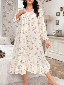 CottageSlumber 加大码印花蕾丝边V领开襟睡裙，Moo Moo品牌，舒适优雅细节，秋冬款 - 杏色 - 查看 3