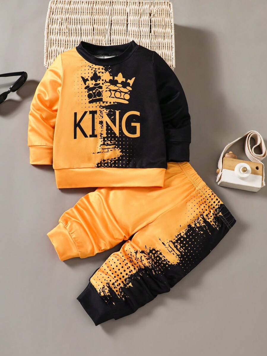 SHEIN 男嬰漸層皇冠KING圖案運動套裝 2件組 運動衫與慢跑褲 橘色 秋冬街頭休閒圖案街頭時尚海灘風