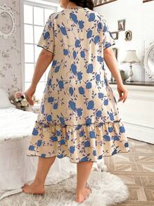 CottageSlumber Camisón de mujer talla grande con estampado floral arrugado, volantes y manga corta holgada, para vacaciones