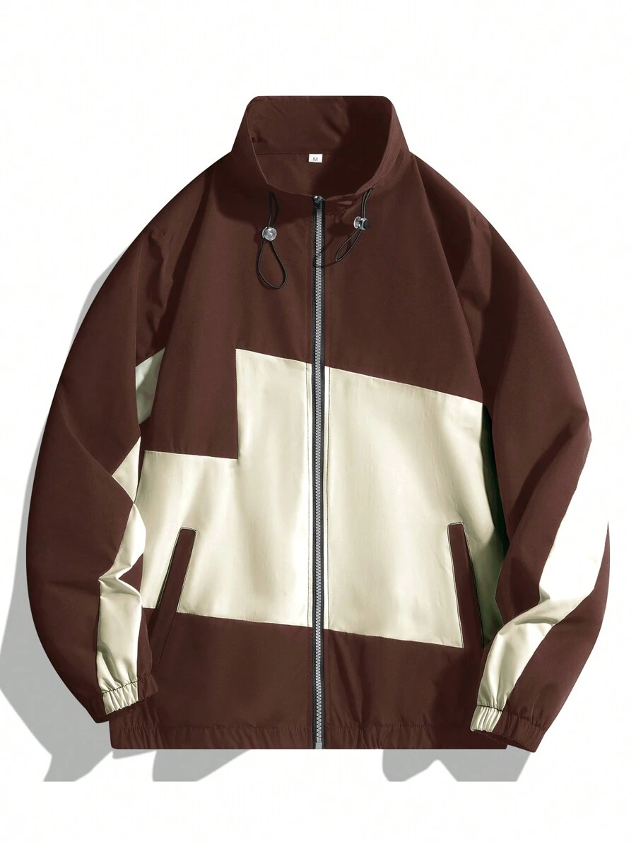 Manfinity Hypemode Men's Casual Color Block Zip Front Drawstring Long Sleeve Loose Jacket, Spring And Autumn, For Fall - Coffee Brown - View 1