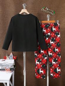 SHEIN 2 piezas Conjunto de ropa de estar en casa resistente al fuego con Top de manga larga de cuello redondo y pantalones con estampado de pan de jengibre, lazo, reno y cuadros para niños preadolescentes de ajuste holgado para Navidad - Multicolor - Ver 2