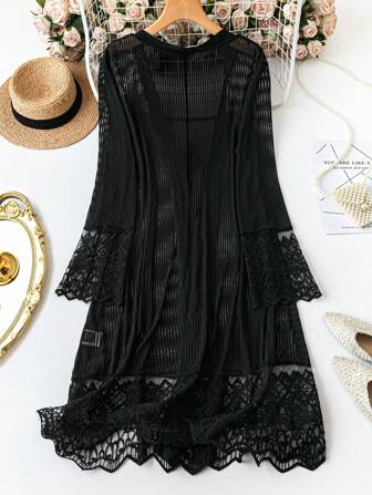 大码优雅蕾丝拼布长袖夹克