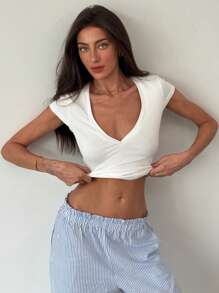 Aloruh Áo thun nữ tay ngắn cổ chữ V đơn giản thanh lịch - trắng - Xem 4