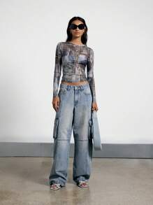 AiiRZ 网眼牛仔效果修身长袖圆领上衣 - 彩色 - 查看 3