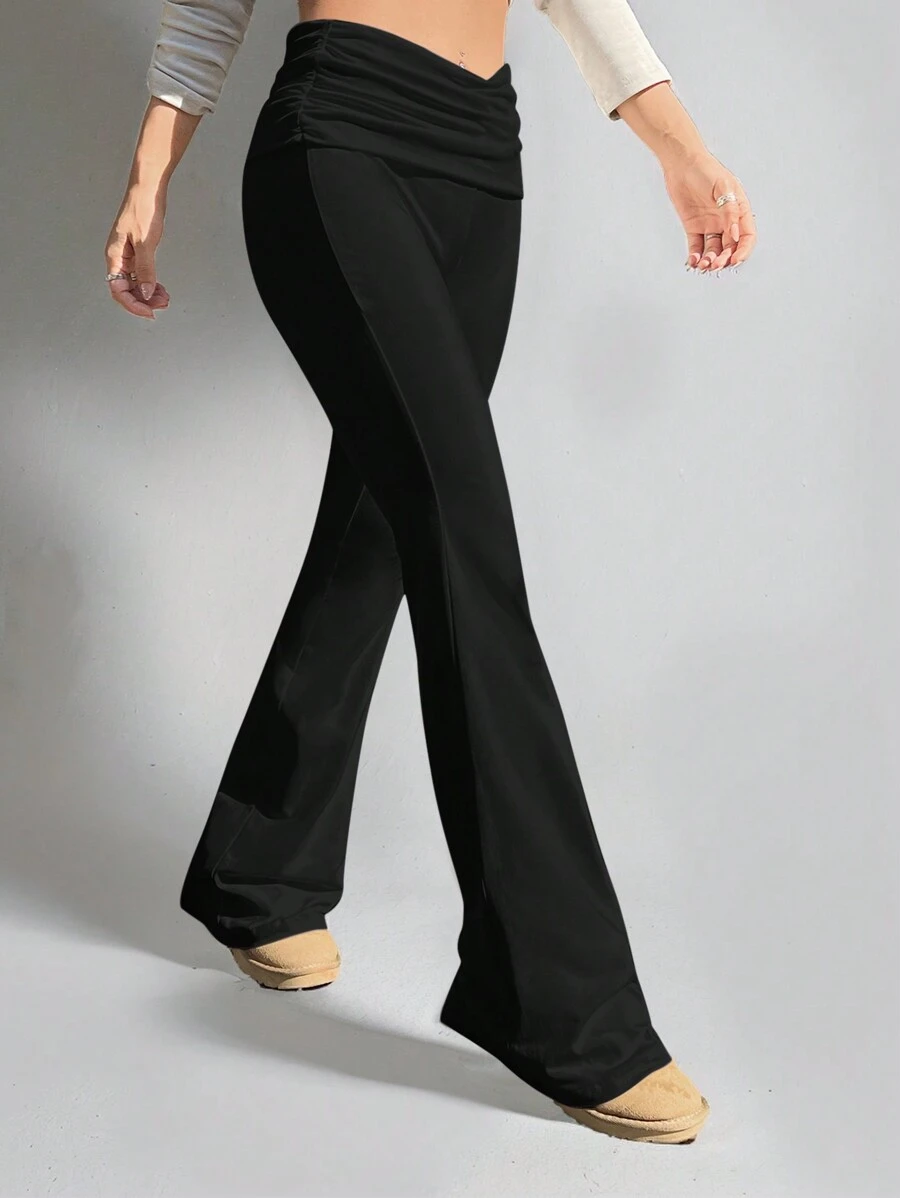 SHEIN PETITE 白色 Y2k 纯色褶皱喇叭裤 喇叭紧身裤