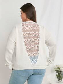 SHEIN Cottnline Plus Size Back Lace Detailed Round Neck Elegant Pullover Sweater - White - View 2