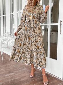 EMERY ROSE 女士花卉印花长袖荷叶边下摆连衣裙，节日 - 彩色 - 查看 3