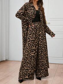 SHEIN Clasi 2pcs Women Leopard Print Long Shirt And Pants Set, Autumn