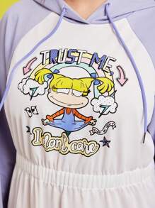 Nick 90s | SHEIN 大码休闲百搭卡通字母印花拼色插肩袖白色连帽连衣裙，女款，秋季 - 彩色 - 查看 7