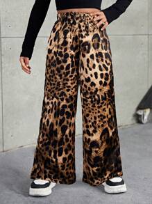 SHEIN Leap Crew Quần dài ống rộng in họa tiết da báo cho bé gái, kiểu dáng thường ngày năng động, cá tính, thích hợp mặc cùng mẹ và bé (bán riêng lẻ). - màu nâu - Xem 2