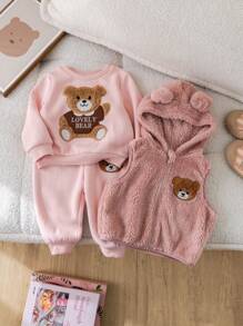 SHEIN 3pcs Baby Girl Cute Fluffy Pink Cartoon Hooded Vest, Sweatshirt And Elastic Waist Pants Set, Autumn/Winter - Pink - View 4