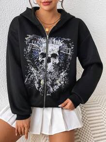 SHEIN Unity 女士前拉链长袖骷髅印花休闲连帽运动衫 - 黑色 - 查看 4