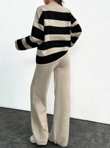 SHEIN Tall Striped Pattern Drop Shoulder Sweater & Knit Pants - Black and White - View 2