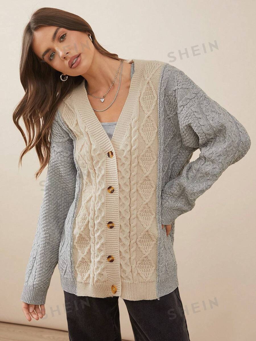 Cardigan de punto trenzado en bloques de color - Crema - Ver 1