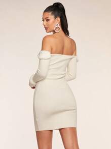 Glamine Women Off-Shoulder Fluffy Splice Long Sleeve Sweater Dress Date Night Night Out Off White Autumn Sexy - White - View 3