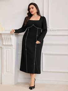 Modelyn Vestido de unicolor con cuello cuadrado, manga abullonada y decoración de rhinestones para mujer talla grande, primavera y otoño