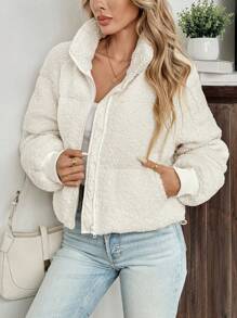 SHEIN LUNE Women's Solid Color Raglan Sleeve Long Sleeve Pocket Zip Front Short Casual Down& Feathers Jacket, Winter