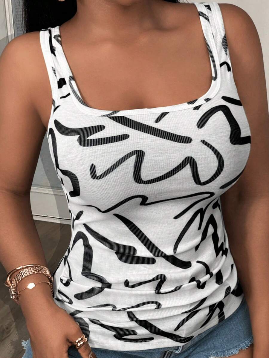 Slaydiva 夏季新款休闲假日 U 领无袖全宽波浪图案印花女式背心，带褶边 - 彩色 - 查看 1