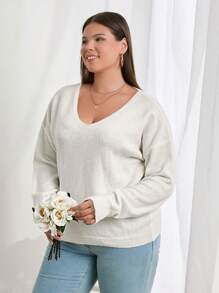 SHEIN Cottnline Plus Size Back Lace Detailed Round Neck Elegant Pullover Sweater - White - View 3