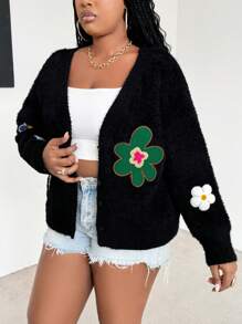 Maweii Plus Size Floral Applique Casual Long Sleeve Fuzzy Cardigan - Black - View 4