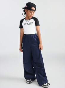 SHEIN 青少年女孩黑色裤子 返校服装 衣服 妈妈和我的 Kpop Y2k 宽腿格子工装裤 足球/排球感恩节万圣节服装圣诞节运动裤 春/秋/冬 - 藏蓝色 - 查看 2