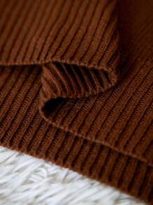 Calvaya Plus Size Casual Solid Color Dropped Shoulder Loose Knitted Sweater, Autumn & Winter Fall - Brown - View 3