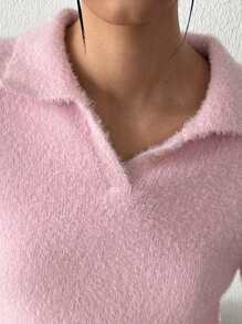 RueChic Kvinna Shabby Garn Polo Neck Normal Fit Söt stil tröja - Dammrosa - Visa 5