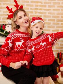 Glamorique Kids Young Girl Casual Fashion Christmas Reindeer Jacquard Knitted Crew Neck Sweater, Suitable For Christmas Party And Daily Wear, Autumn/Winter. ( Family Matching Mommy And Me Are Sold Separately In 4 Pieces) - Red - View 5