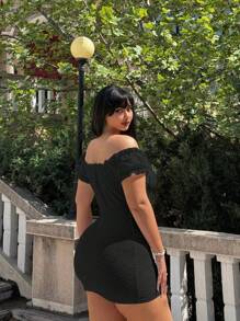 Sunnyshic Plus Size Solid Color Off-Shoulder Dress With Chest Pleats, Knitting Jacquard Fabric, Summer Vacation Beach Outfits Women