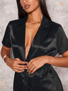 Glamine Blazer court à manches courtes à deux poches avec nœud à la taille, simple pour femmes