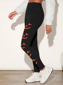 SHEIN EZwear Halloween Casual Plus Size Pumpkin Face Pattern Print Leggings Suitable For Autumn And Winter - Black - View 3