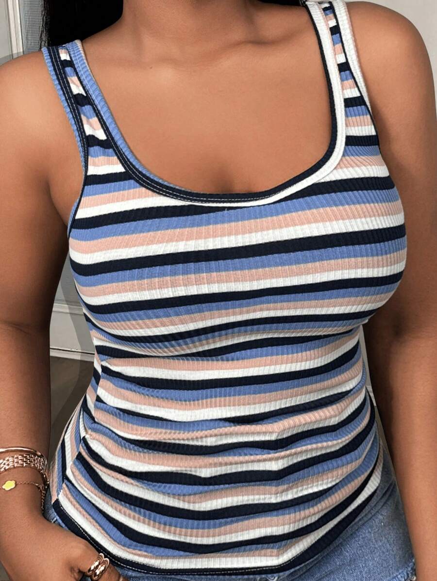 Slaydiva Áo ba lỗ nữ cổ chữ U không tay kẻ sọc dệt kim dệt kim mới cho kỳ nghỉ hè giản dị ở cả hai mặt - Nhiều màu - Xem 1