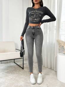 SHEIN Cottnline High Waist Snow Wash Skinny Jean - Grey - View 6