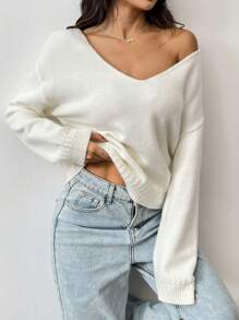 SHEIN Unity Áo len nữ cổ chữ V tay dài màu trơn, kiểu dáng thường ngày, thích hợp mặc mùa thu đông. - trắng - Xem 3