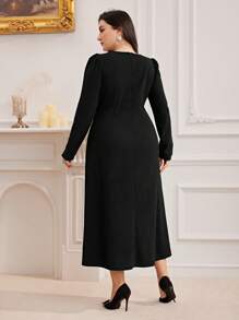 Modelyn Vestido de unicolor con cuello cuadrado, manga abullonada y decoración de rhinestones para mujer talla grande, primavera y otoño