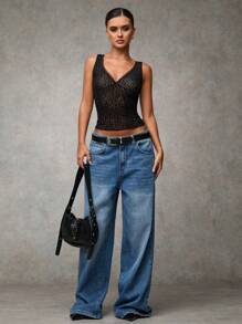 SHEIN BAE Women's Casual V-Neck Sleeveless Top With Leopard Pattern, Shell Trim & Flocked Printing - For Spring & Fall - Black - View 6