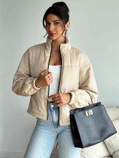 SHEIN Privé Women's Khaki Turtleneck Long Sleeve Outerwear