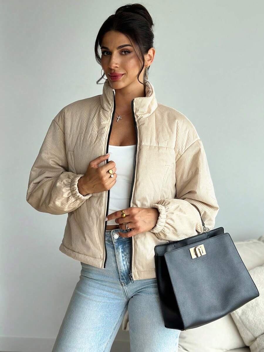 SHEIN Privé Women's Khaki Turtleneck Long Sleeve Outerwear