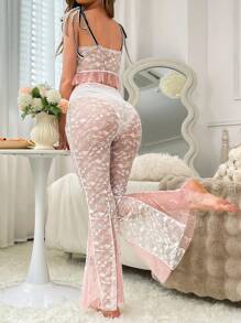 2 件套女士蕾丝荷叶边下摆吊带上衣和裤子睡衣套装假日季节