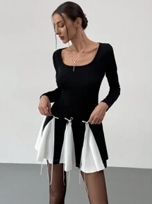 Aloruh Women's Elegant Sweet Bowknot Ribbon Decor Ruffle Trim Round Neck Mini Long Sleeve Dress - Black - View 3