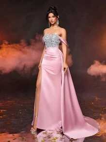 SHEIN X Izzy Darnell Glamrae Elegant, Gorgeous And Luxurious Off-Shoulder Gradient Pink And Silver Sequin Stitched Satin High-Slit Fishtail Dress With Removable Large Floating Panel A-Hem Suitable For Weddings, Events, Parties, Holidays And Formal Events, Holiday Prom Dinner Dresses (Heavily Decorated), Evening Gown, For Wedding Guest, Graduation Party Dress - Dusty Pink - View 5