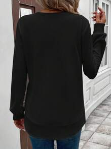 SHEIN LUNE 女士基本款华夫格纹理圆领不对称下摆休闲舒适运动衫、长袖上衣毕业、返校服装、毕业、女士教师服装、秋冬返校 - 黑色 - 查看 2