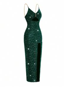 SHEIN Clasi Đầm Maxi đuôi cá hở lưng dây xích kim loại cho nữ - Màu xanh lá cây đậm - Xem 4