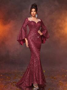 Glamrae Vestido de Festa Longo para Convidados de Casamento, Formatura, com Mangas Exageradas Flare, Gola Barco, Bainha em Cauda de Sereia, Bordô Elegante e Luxuoso, Brilho Exagerado - Vinho - Visão 3