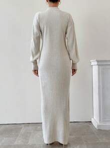 EURMUSE 1pc Solid Color Zip-Front Long Sleeve Casual Long Dress - Apricot - View 2