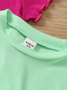 SHEIN Elladie kids 4pcs/Set Young Girl's Solid Color Round Neck Short Sleeve Ruffle Casual T-Shirt, Summer Summer Holiday - Multicolor - View 4