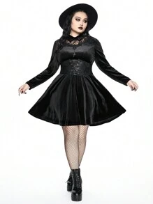 ROMWE Goth Dark Lace Trim Velvet Plus Size Women Gothic Collared A-Line Waist Dress - Black - View 1
