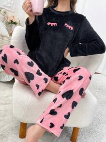 2pcs Casual Flannel Crew Neck Sweater And Heart-Shaped Pants Warm Pajama Set For Women, Fall/Winter Clothes - Black - View 4