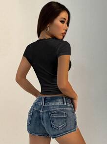 FavEase Women's Summer V-Neck Contrast Lace Slim Fit T-Shirt - Black - View 2